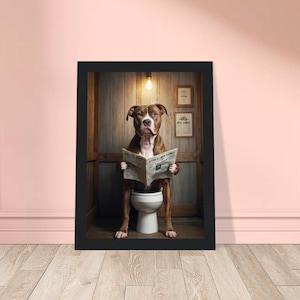 Funny Pitbull Dog on Toilet Reading Newspaper, Funny Bathroom Decor, Funny Rustic Bathroom Wall Decor, Modern Farmhouse Decor Toilet Art