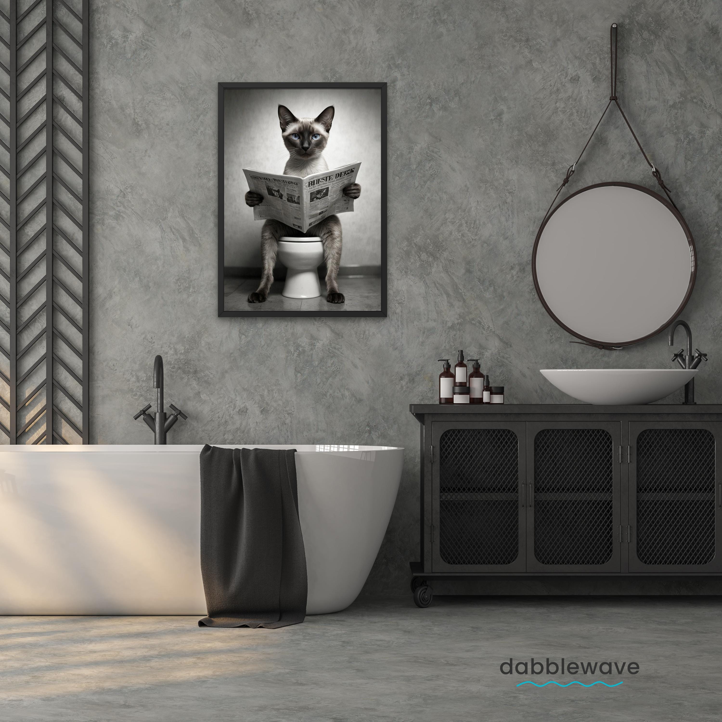 Siamese Cat Reading Newspaper on Toilet Funny Bathroom Wall Art Print ...