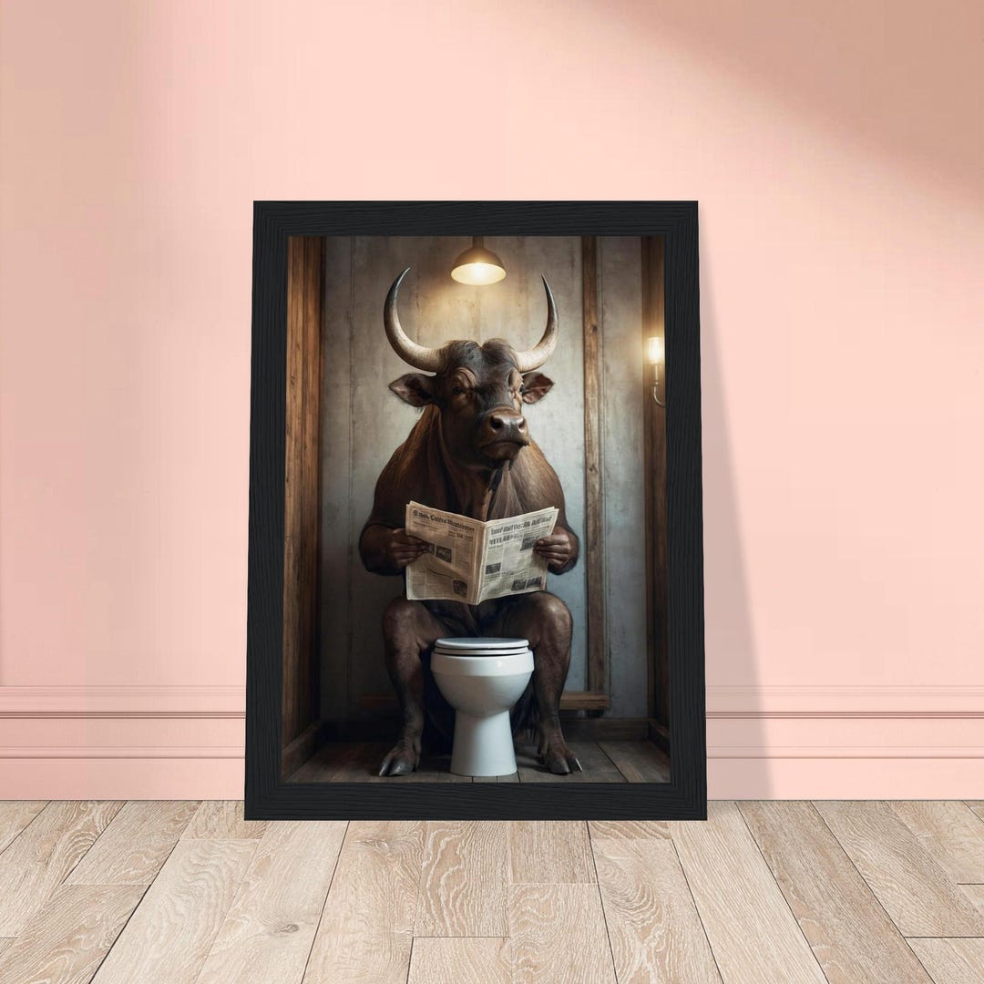 Funny Buffalo Bathroom Wall Art Reading Newspaper on Toilet, Rustic ...