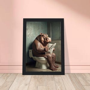 Funny Hippo Reading Newspaper on Toilet Wall Art, Funny Bathroom Decor, Rustic Bathroom Wall Decor, Modern Farmhouse Decor Toilet Art