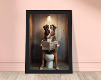 May include: A framed print featuring a dog sitting on a toilet, reading a newspaper. The dog has brown, black, and white fur. The background is a wooden stall with a light fixture.