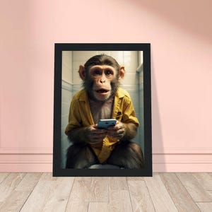 Funny Monkey on Toilet Using Smartphone Wall Art, Funny Bathroom Decor, Funny Rustic Bathroom Wall Decor, Cute Monkey Poster