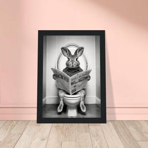 Funny Bunny on Toilet Reading Newspaper, Funny Bathroom Decor, Funny Rustic Bathroom Wall Decor, Animal Bath Time Art