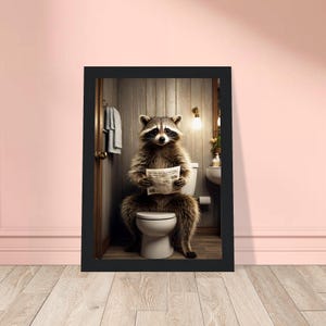 Divertente procione sul water che legge il giornale, Decorazioni divertenti per il bagno, Decorazioni divertenti per le pareti del bagno in stile rustico, Decorazioni moderne per il bagno in stile fattoria