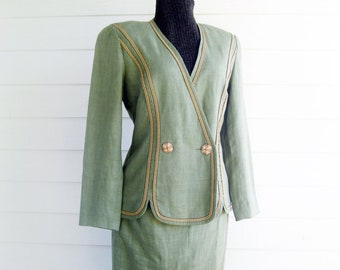 Designer Scaasi Suit lightweight linen moss green S