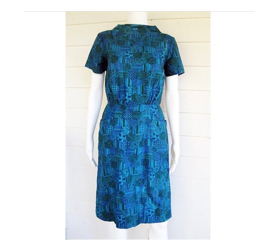 vintage 1950s dress Teal blue green soft cotton  … - image 1