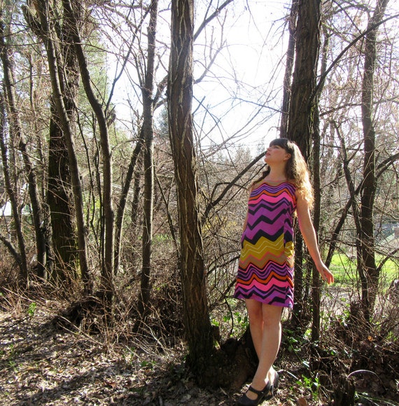 1960's silk shift dress Bright purple pink yellow