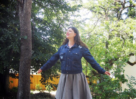 1960s dark denim Jacket butterflies quilt lined m