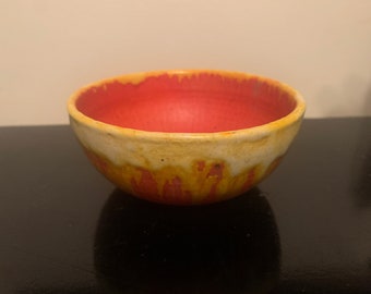 Small bowl mid century ceramic art pottery Fire colors red and yellow signed Brazil