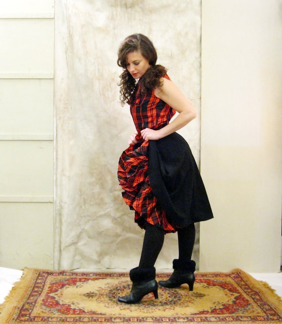 1960s dress wool Red and Black Plaid top and under