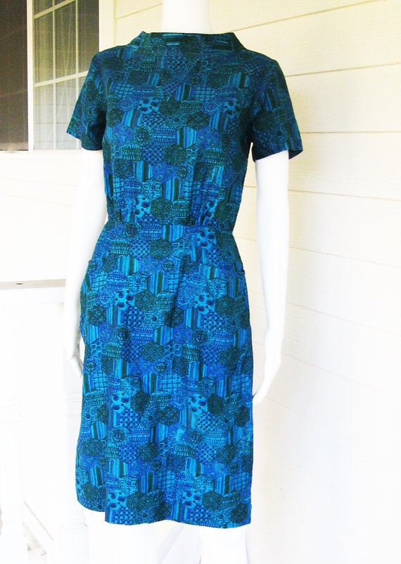 vintage 1950s dress Teal blue green soft cotton  … - image 3