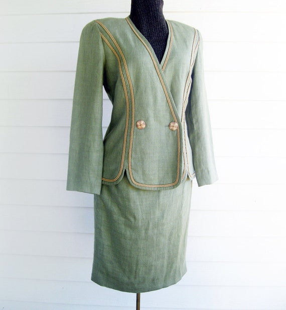 Designer Scaasi Suit lightweight linen moss green