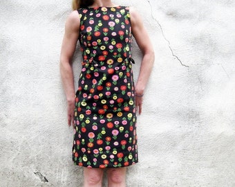 1960s dress Lanz dress Cotton CUTE Black with Bright Floral pattern