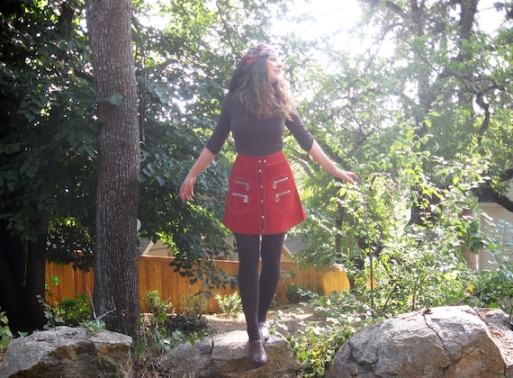 1960s mini skirt Red suede Peace Signs zippers Ul
