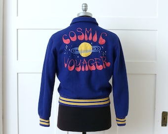 vintage chain stitch embroidery 'Cosmic Voyager' varsity jacket • purple wool Carl Sagan hand embroidered letterman jacket