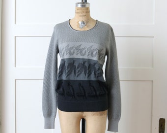 vintage 1970s bird sweater • gray striped knit acrylic crewneck long sleeve boho pullover top