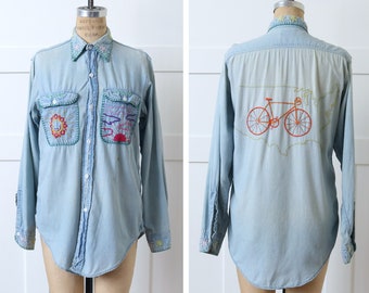 vintage 1970s embroidered denim shirt • Big Mac light wash chambray sun & bicycle embroidery shirt
