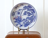 vintage Japanese ceramic platter Arita ware plate shallow bowl with blue white gold design sea turtle boat cranes