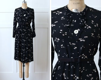 vintage 1930s deco dress • black & white silk abstract floral pattern day dress