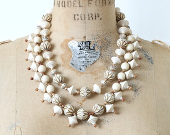 vintage white & gold Czech glass beads multi-strand necklace • mid-century styled statement beaded necklace