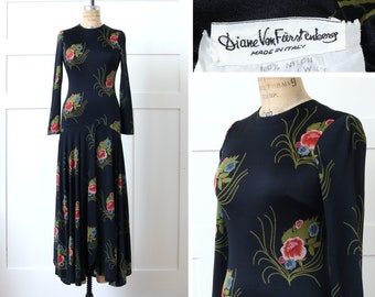 designer vintage 1970s Diane Von Furstenberg dress • rare style with long draped skirt in slinky nylon jersey