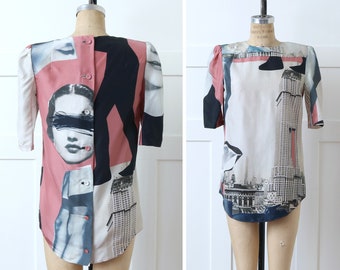 designer Carven silk novelty print blouse • femme fatale noir • pink & gray pinup print