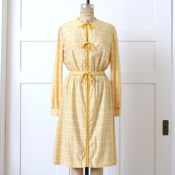 vintage 1960s ~ 70s silky dress • yellow & white … - image 3