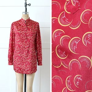 vintage 1970s moon print shirt • silky red blouse with half moon faces • vintage Gloria Vanderbilt