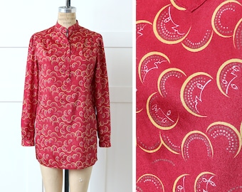vintage 1970s moon print blouse • silky red novelty print puff sleeve tunic • early label Gloria Vanderbilt