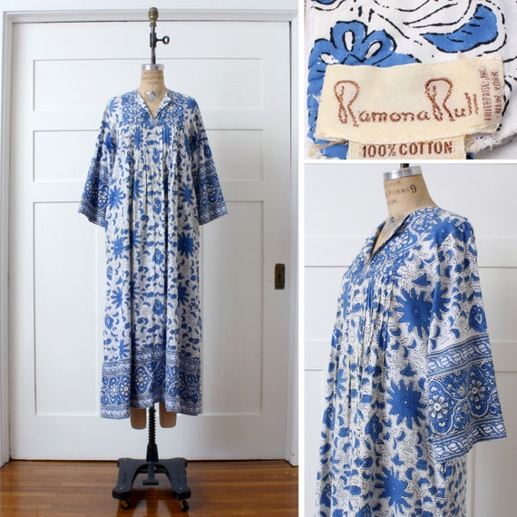 vintage 1970s boho kaftan dress • blue & white des