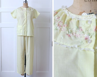 vintage 1960s women's 2 piece pajama set • cute light yellow sheer cotton pj top & pants