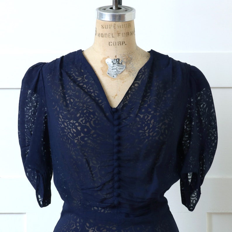 vintage 1930s navy blue puff sleeve dress semi-sheer burnout floral full length Art Deco dress image 2