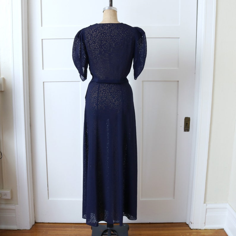vintage 1930s navy blue puff sleeve dress semi-sheer burnout floral full length Art Deco dress image 5