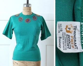 vintage early 1960s cotton pocket tee • hippie embroidered teal green Towncraft Prep t-shirt