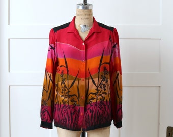 vintage 1970s sunset silk blouse • bright red orange & pink botanical print handmade top