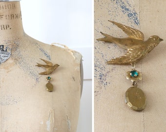 vintage repurposed Victorian bird brooch • OOAK handmade gold tone swallow & flower hanging locket