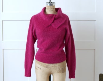 vintage 1990s bright raspberry pink mohair sweater • fuzzy cowl neck knit wool blend pullover