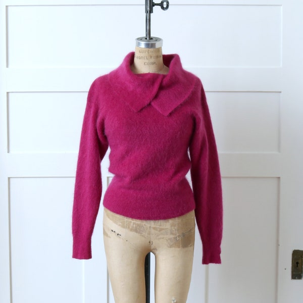 vintage 1990s bright raspberry pink mohair sweater • fuzzy cowl neck knit wool blend pullover