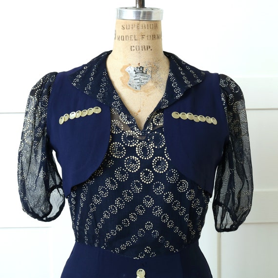 vintage 1930s dress & vest • deco era navy blue r… - image 3