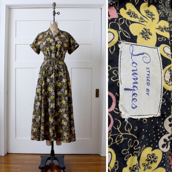 vintage 1940s 1950s robe • cotton full length dres