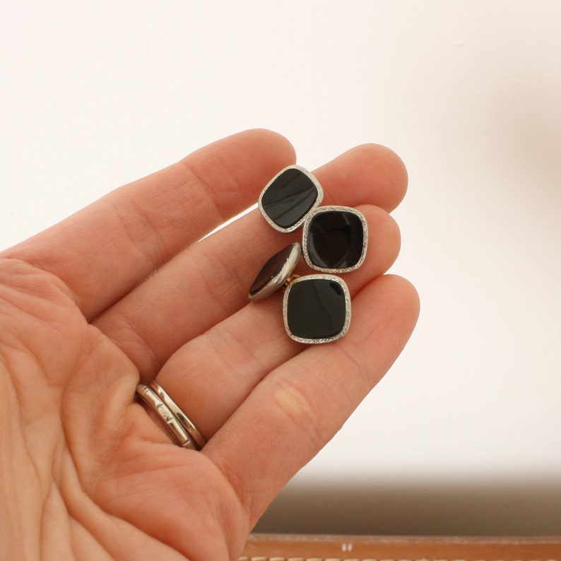 1920s cuff links \u2022 vintage chain link black glass /& 14K gold plate squares with etched border