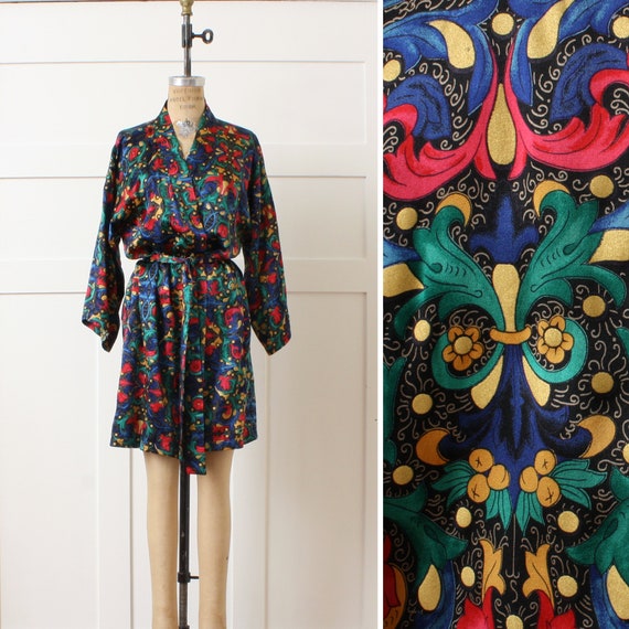 vintage silk robe • rich jewel tone belted pure si
