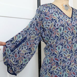 volup vintage 1930s deco rayon dress • navy blue paisley print dress with dramatic cut-out sleeves