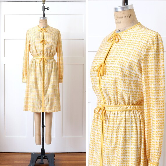 vintage 1960s ~ 70s silky dress • yellow & white … - image 1