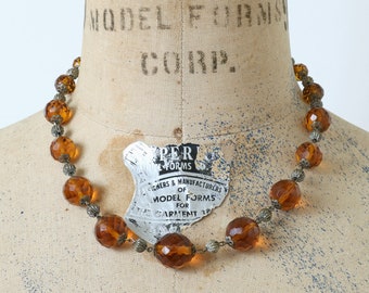 vintage 1930s ~ 40s amber glass necklace • faceted Art Deco czech glass & brass filigree necklace