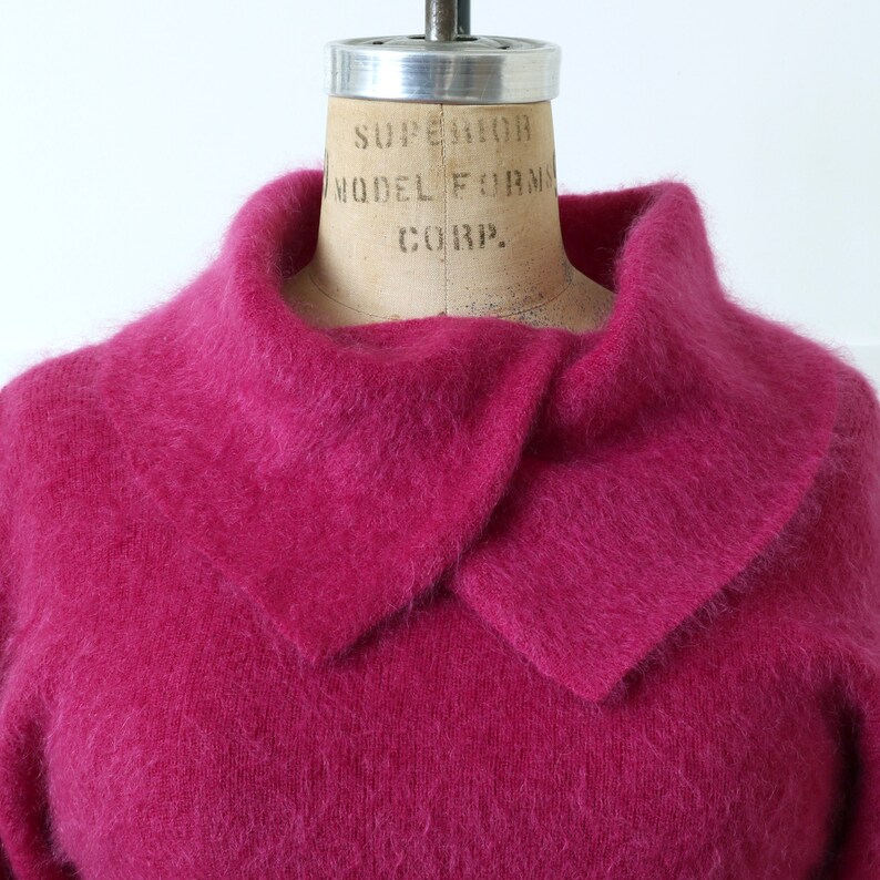 vintage 1990s bright raspberry pink mohair sweater fuzzy cowl neck knit wool blend pullover image 5