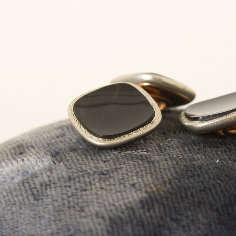 1920s cuff links \u2022 vintage chain link black glass /& 14K gold plate squares with etched border