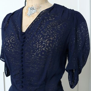 vintage 1930s navy blue puff sleeve dress semi-sheer burnout floral full length Art Deco dress image 8