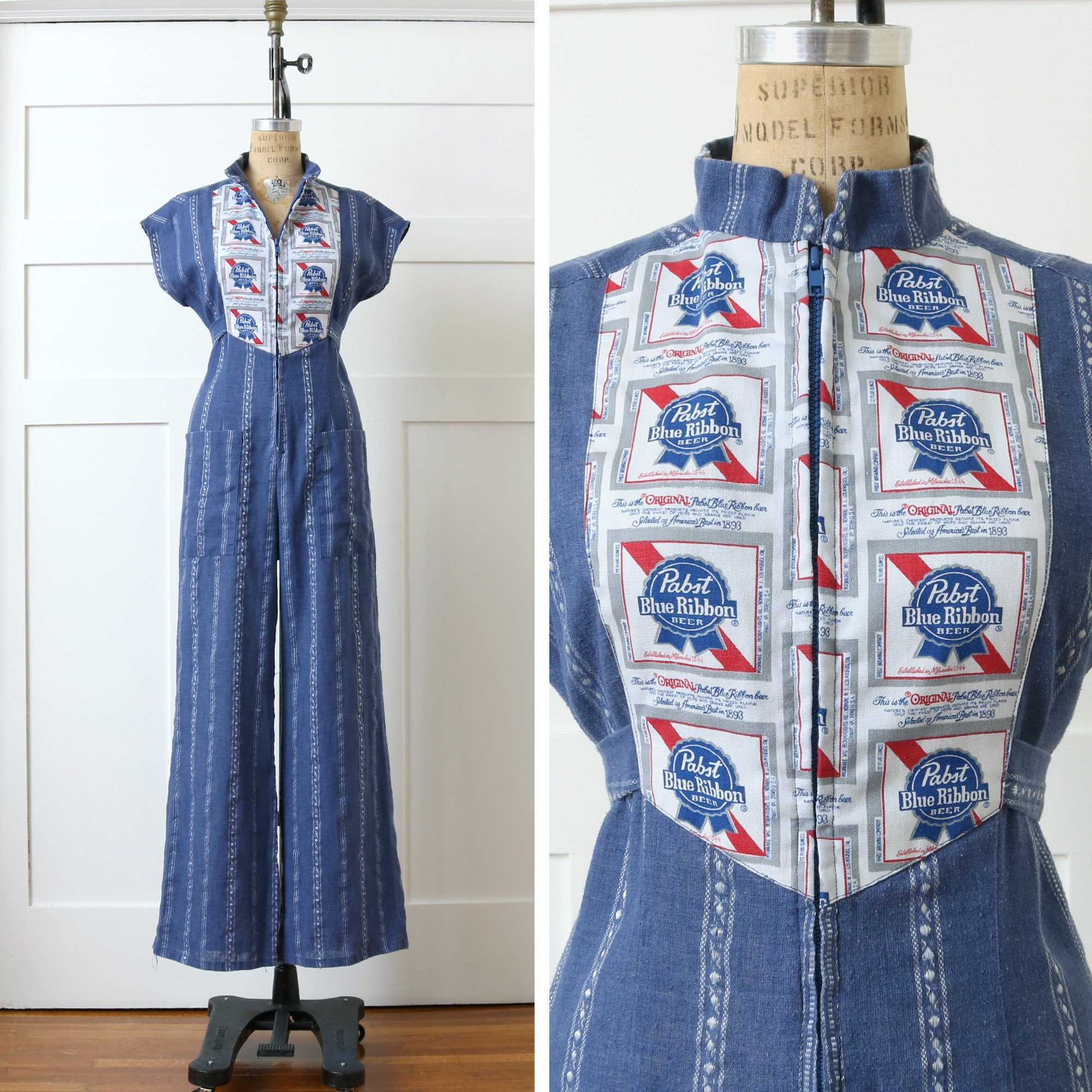 vintage 1970s chambray jumpsuit • novelty PBR Pabst beer one of a kind zip front one-piece in denim blue