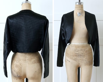 vintage 1950s cropped jacket • black satin spiderweb / diamond stitch formal dress jacket